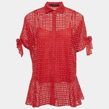 Pre Owned CH Carolina Herrera Red Cotton Lace Loose Fit Shirt XS