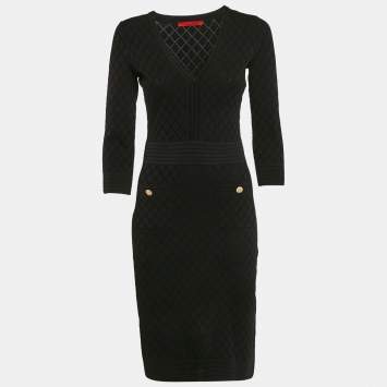 Pre Owned CH Carolina Herrera Black Pointelle Knit V-Neck Bodycon Dress XS