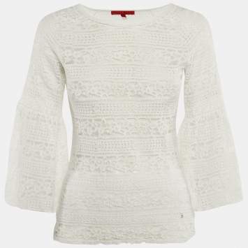 Pre Owned CH Carolina Herrera White Lace Bell Sleeve Top XS