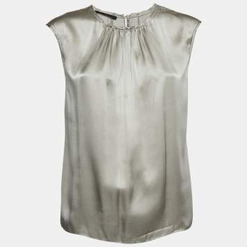 Pre Owned CH Carolina Herrera Metallic Grey Silk Satin Top S
