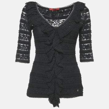 Pre Owned CH Carolina Herrera Black Lace Ruffled Top S