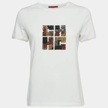 Pre Owned CH Carolina Herrera White Sequin Embroidered Jersey T-Shirt S