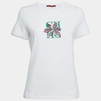 Pre Owned CH Carolina Herrera White Logo Flora Embroidered Jersey T-Shirt S
