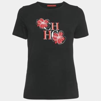 Pre Owned CH Carolina Herrera Black Logo Flora Embroidered Jersey T-Shirt S
