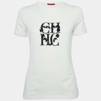 Pre Owned CH Carolina Herrera White Logo Embellished Cotton Knit T-Shirt S