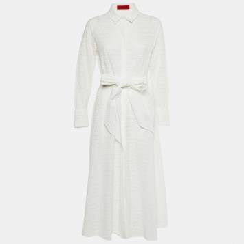Pre Owned CH Carolina Herrera White Eyelet Lace Belted Maxi Dress L