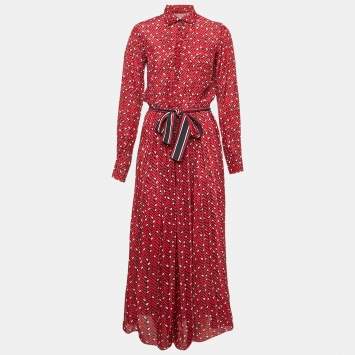 Pre Owned CH Carolina Herrera Red Printed Chiffon Belted Maxi Dress XS