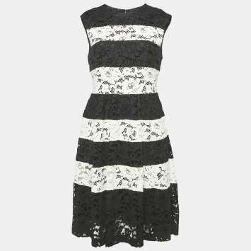 Pre Owned Carolina Herrera Black/White Corded Lace Sleeveless Short Dress M
