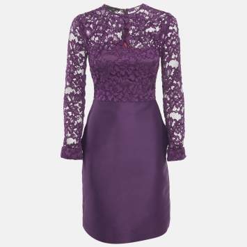 Pre Owned CH Carolina Herrera Purple Lace and Satin Short Dress S
