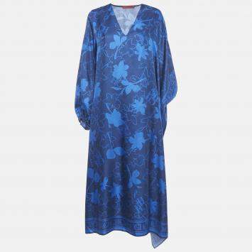 Pre Owned CH Carolina Herrera Blue Logo Floral Print Silk Asymmetric Tunic L