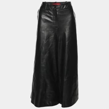 CH Carolina Herrera Black Lambskin Leather Wide Leg Capri Pants M