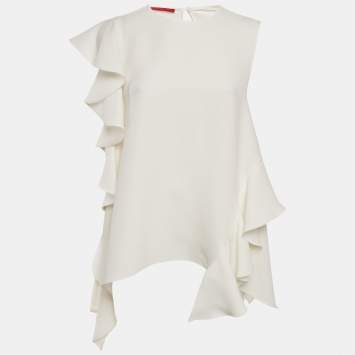 CH Carolina Herrera White Crepe Ruffled Sleeveless Top S
