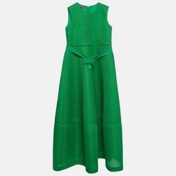Pre Owned CH Carolina Herrera Green Mesh Bow Detail Sleeves Midi Dress L 