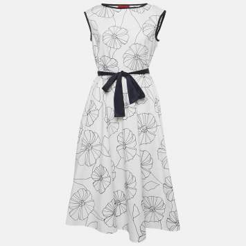 Pre Owned CH Carolina Herrera White Floral Embroidered Cotton Belted Midi Dress M