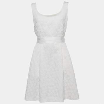 Pre Owned CH Carolina Herrera White Textured Jacquard Sleeveless Mini Dress L