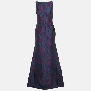 Pre Owned CH Carolina Herrera Navy Blue Rose Embossed Crepe Sleeveless Maxi Dress M