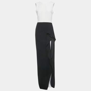 Pre Owned CH Carolina Herrera Black/White Crepe Ruffled Sleeveless Evening Dress M
