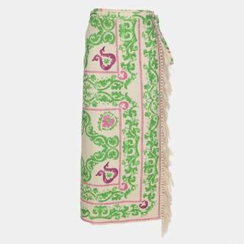 Pre Owned CH Carolina Herrera Multicolor Printed Canvas Wrap Belted Midi Skirt S