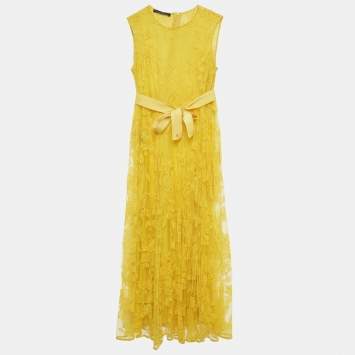 Pre Owned CH Carolina Herrera Yellow Floral Lace Midi Dress L