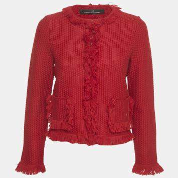 Pre Owned CH Carolina Herrera Red Wool Blend Fringe Detail Cardigan S