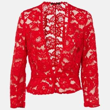 Pre Owned CH Carolina Herrera Red Lace Cropped Peplum Jacket M