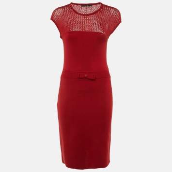 Pre Owned CH Carolina Herrera Burgundy Wool Knit Midi Dress S