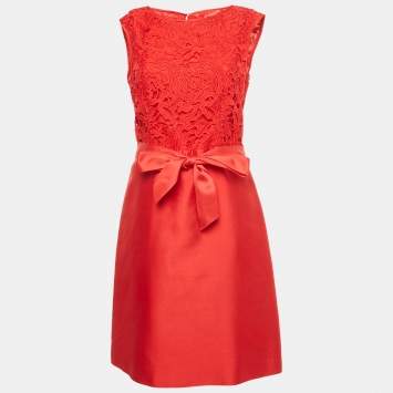 Pre Owned CH Carolina Herrera Red Floral Lace & Crepe Sleeveless Short Dress M