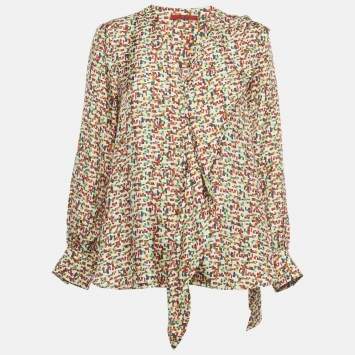 Pre Owned CH Carolina Herrera Multicolor Printed Silk Frill Detail Blouse S