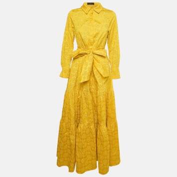 Pre Owned CH Carolina Herrera Yellow Broderie Anglaise Crepe Maxi Dress M
