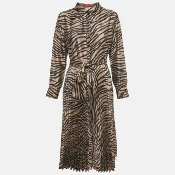 مملوكة مسبقًا CH Carolina Herrera Brown Animal Print Satin Plisse Midi Dress L