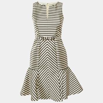 مملوكة مسبقًا CH Carolina Herrera Cream/Black Striped Taffeta Belted Dress XS
