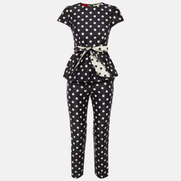 Pre Owned CH Carolina Herrera Navy Blue Polka Dot Print Cotton Top & Pants Set S/XS