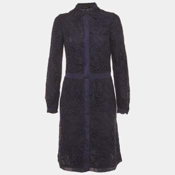 Pre Owned CH Carolina Herrera Navy Blue Guipure Lace Shirt Dress S
