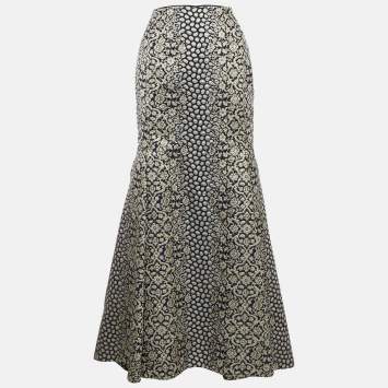 Pre Owned CH Carolina Herrera Navy Blue Jacquard Maxi Skirt M