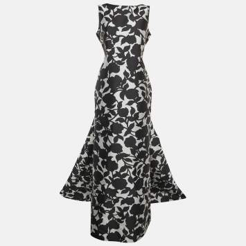 Pre Owned CH Carolina Herrera Monochrome Floral Print Scoop Back Sleeveless Gown L