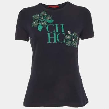 Pre Owned CH Carolina Herrera Navy Blue Jersey Embroidered T-Shirt S