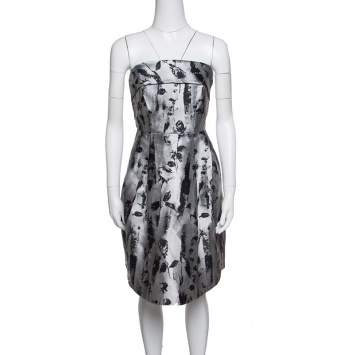 Pre Owned CH Carolina Herrera Silver and Black Floral Jacquard Strapless Dress S