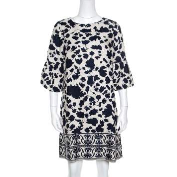 Pre Owned CH Carolina Herrera Blue and Cream Floral Printed Linen Flounce Sleeve Tunic Dress M