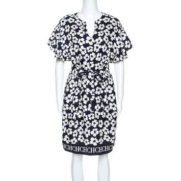 Pre Owned CH Carolina Herrera Navy Blue Floral Print Silk and Linen Blend Dress M