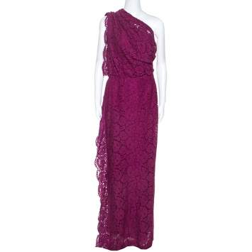 Pre Owned CH Carolina Herrera Magenta Lace Draped Detail One Shoulder Dress M