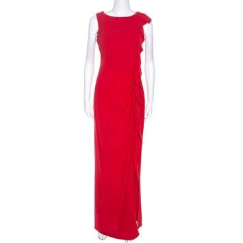 Pre Owned CH Carolina Herrera Red Crepe Ruffle Detail Sleeveless Maxi Dress S