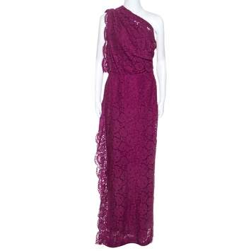 Pre Owned CH Carolina Herrera Purple Lace One Shoulder Maxi Dress M