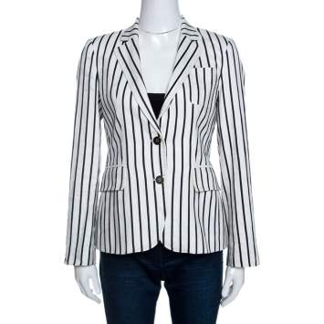 Pre Owned CH Carolina Herrera Monochrome Striped Linen Blend Blazer S