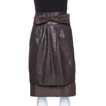 Pre Owned CH Carolina Herrera Brown Lurex Jacquard Silk Bow Detail Skirt L