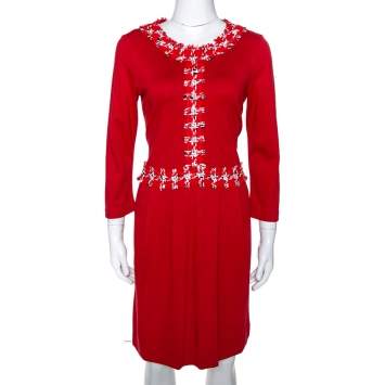 Pre Owned CH Carolina Herrera Red Stretch Knit Boucle Trim Midi Dress M