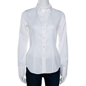 Pre Owned CH Carolina Herrera White Cotton Jacquard Logo Pattern Button Front Shirt S