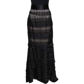 Pre Owned CH Carolina Herrera Black Silk Lace Trim Layered Maxi Skirt M