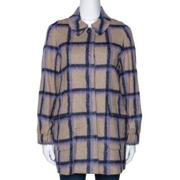 Pre Owned CH Carolina Herrera Beige Windowpane Checked Wool Coat XS