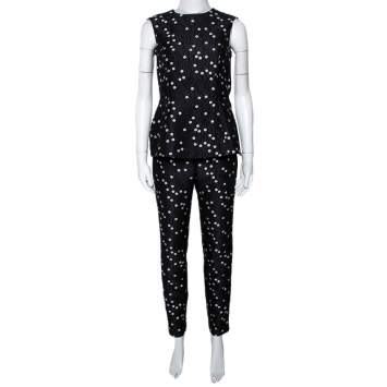 Pre Owned CH Carolina Herrera Black Polka Dot Peplum Top & Pant Set XS