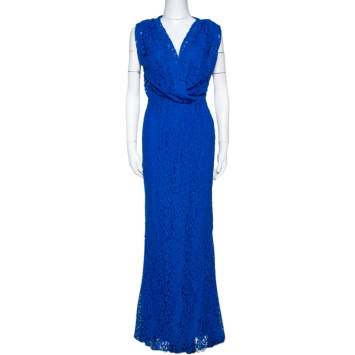 Pre Owned CH Carolina Herrera Cobalt Blue Floral Lace Draped Gown S